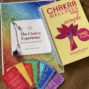 The Chakra Party Kit laid out: The Chakra Experience party guide, Chakra Wellness Made Simple book, amethyst pendulum, and the seven chakra blend recipe cards