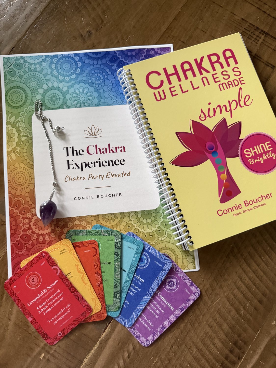 The Chakra Party Kit laid out on a wood table